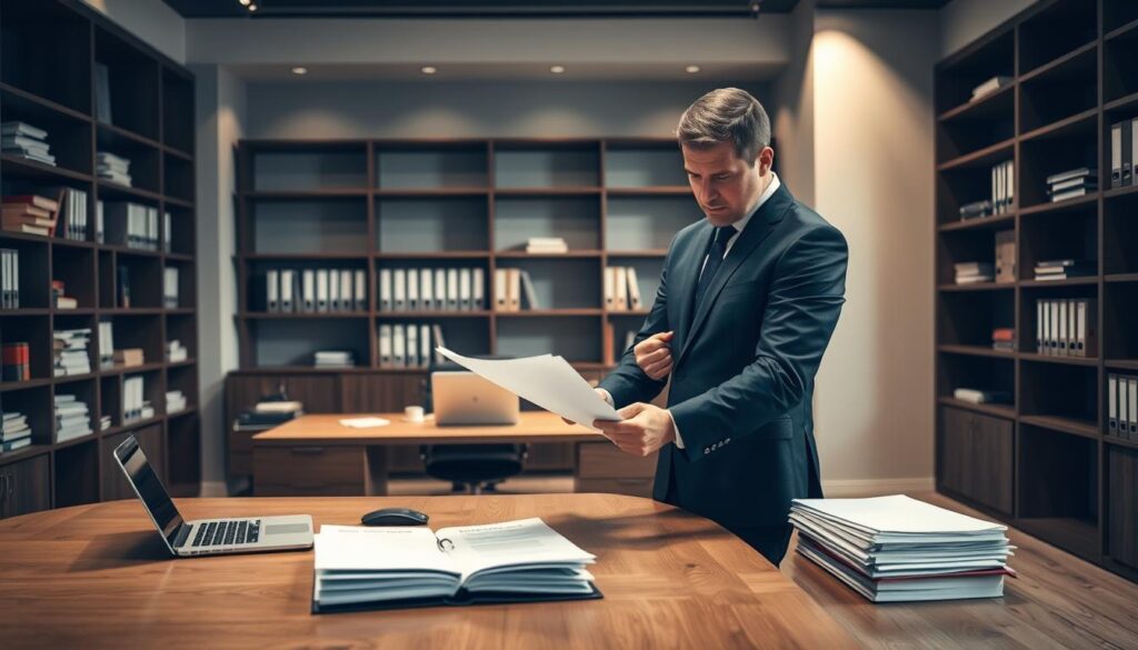A sleek, modern office interior with a large wooden desk, a laptop, and stacks of documents. In the foreground, a businessman in a suit examines an insurance policy, his brow furrowed in concentration. The walls are lined with shelves containing thick binders and files, hinting at the complexities of high-risk business insurance. Soft, directional lighting casts shadows, creating a sense of gravity and importance. The color palette is muted, with shades of gray, brown, and navy blue, conveying a sense of professionalism and reliability. The overall scene suggests the careful consideration and tailored solutions required for protecting high-risk businesses.