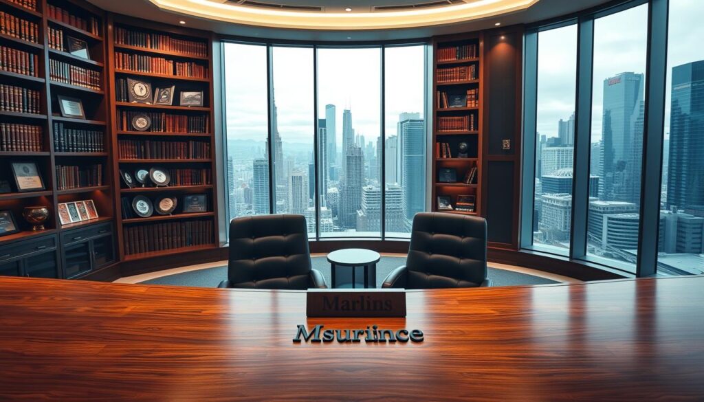 A sleek, modern office interior with a panoramic view of a bustling city skyline. In the foreground, a large, curved mahogany desk dominates the scene, adorned with a polished nameplate that reads "Marlins Insurance". Behind the desk, an imposing wall-to-wall bookshelf filled with leather-bound volumes and prestigious awards casts a warm, scholarly glow. Soft, indirect lighting illuminates the space, creating a sense of professionalism and reliability. In the middle ground, two plush leather chairs face the desk, inviting clients to sit and discuss their insurance needs. The background features floor-to-ceiling windows, allowing natural light to flood the room and showcasing the dynamic urban landscape beyond.