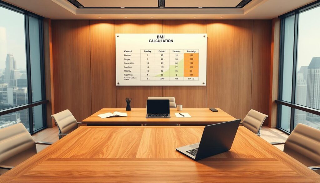 A sleek, modern office interior with a smooth, minimalist design. A large, wooden desk takes center stage, with a laptop, documents, and a calculator placed neatly on its surface. On the wall behind the desk, a clean, white board displays a BMI calculation chart, with different body mass index ranges and their corresponding health implications. Warm, indirect lighting casts a professional, authoritative atmosphere, while large windows offer a view of a cityscape in the background. The overall scene conveys a sense of thoughtful, data-driven decision-making, suitable for an insurance company's article on height, weight, and life insurance rates.