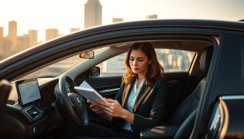 A sleek, modern sedan against a backdrop of a bustling city skyline. The car's interior is visible, showcasing various insurance policy details and cost breakdowns displayed on digital screens. A well-dressed woman, presumably the article's subject Maria, examines the information with a thoughtful expression. The scene is bathed in warm, natural lighting, creating a sense of professionalism and financial consideration. The overall composition emphasizes the importance of carefully comparing car rental insurance costs, a crucial factor in the decision-making process.