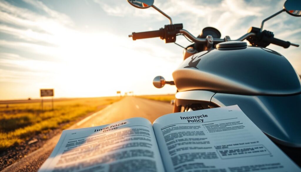 A sleek, silver motorcycle parked on a scenic Kansas country road, bathed in warm, golden afternoon sunlight. In the foreground, an open motorcycle insurance policy document lays on the seat, its contents legible and prominently displayed. In the middle ground, various road signs and landmarks indicate the rural Kansas setting. The background features a vast, open sky with wispy clouds, creating a sense of tranquility and freedom. The overall mood is one of confidence and security, reflecting the importance of comprehensive motorcycle insurance coverage.