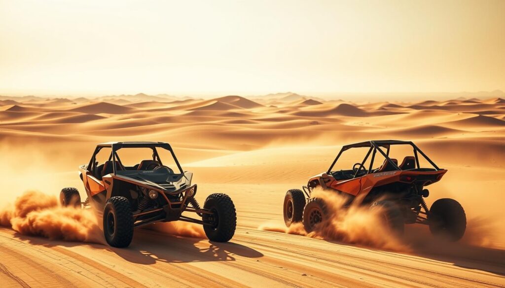A sprawling desert landscape, bathed in warm, golden sunlight. In the foreground, a trio of rugged dune buggies, their knobby tires churning up clouds of dust as they navigate the undulating terrain. The vehicles' sleek, aerodynamic bodies reflect the intense rays, while their roll cages and racing harnesses suggest an adrenaline-fueled adventure. In the middle ground, a series of rolling sand dunes stretches out, their sculpted contours creating a sense of depth and scale. The background fades into a hazy, cloudless sky, the horizon line blurring the boundary between earth and sky. The overall scene conveys a sense of freedom, exploration, and the thrill of off-road exploration.