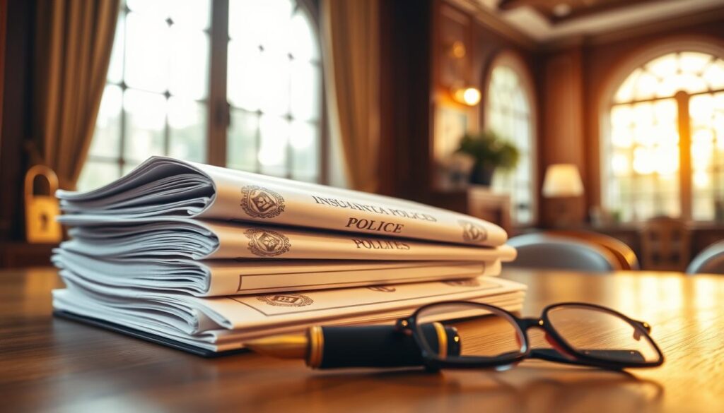 A stack of insurance policies resting on a stylish wooden desk, illuminated by warm, natural lighting filtering through large windows. The documents feature intricate designs and official seals, conveying a sense of reliability and security. In the foreground, a professional fountain pen and a pair of reading glasses suggest a thoughtful, careful approach to managing these important assets. The background is subtly blurred, emphasizing the focus on the policies themselves, which appear pristine and well-maintained, ready to provide the necessary coverage and protection.