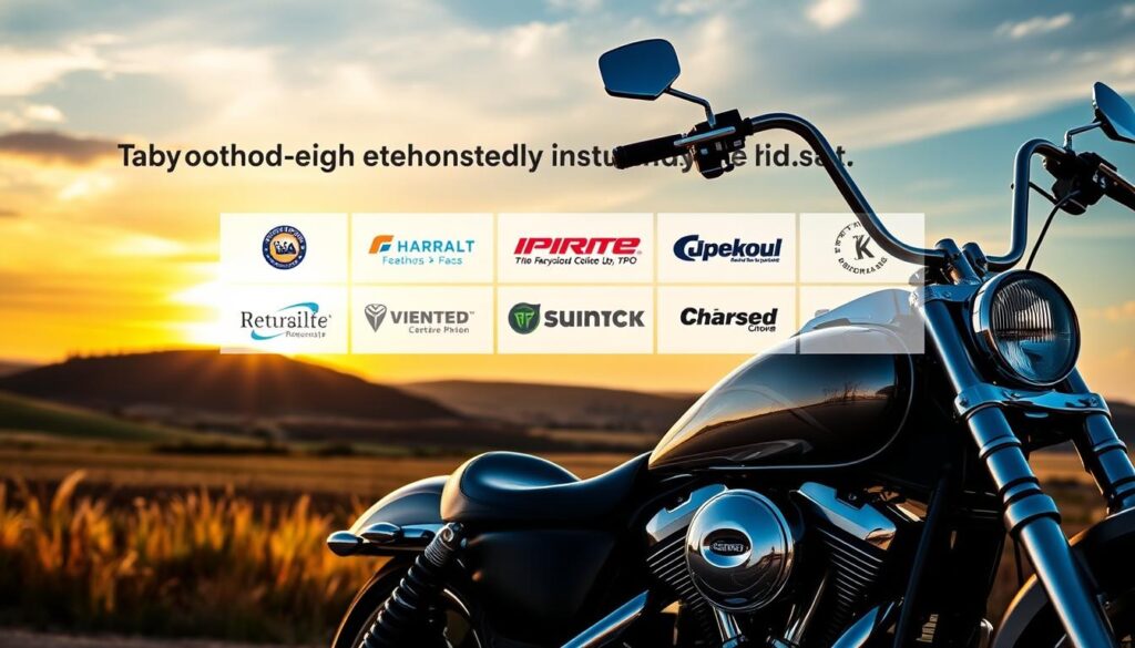 A striking Kansas landscape with a sleek motorcycle in the foreground, showcasing the top motorcycle insurance providers. The bike is expertly lit, revealing its chrome and leather details. In the middle ground, various insurance company logos are prominently displayed against a backdrop of rolling hills and a vibrant sky. The scene conveys a sense of freedom, power, and financial security for Kansas motorcycle enthusiasts. The composition is balanced, with the motorcycle commanding attention while the insurance information is clearly visible. Realistic, crisp, and professionally rendered.