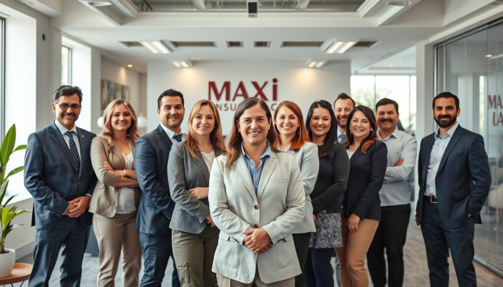 A team portrait of the Maxie Insurance Agency staff, standing confidently in a bright, airy office space. The employees are dressed professionally, their expressions conveying a sense of expertise and camaraderie. The foreground features the agency's leadership, poised and attentive, while the middle ground showcases the diverse team of insurance specialists, each with a unique role. The background is a tasteful blend of modern office decor, subtle branding elements, and large windows that flood the scene with natural light, creating a welcoming and trustworthy atmosphere. The overall composition is balanced, with a sense of unity and purpose, reflecting the agency's commitment to providing reliable coverage and personalized service to their clients.