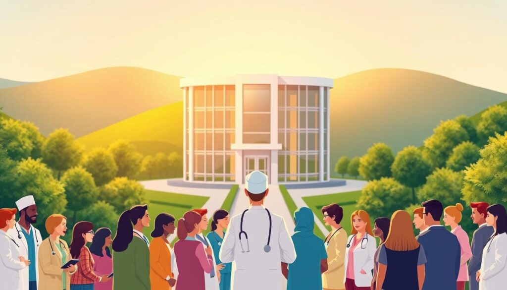 A vibrant and dynamic healthcare coverage illustration. In the foreground, a diverse group of people, each with their own unique medical needs, gather around a central figure representing a comprehensive health insurance plan. The middle ground features a sleek and modern medical facility, its clean lines and glass facade reflecting the latest advancements in healthcare technology. The background depicts a serene, verdant landscape, symbolizing the peace of mind and wellbeing that comes with proper healthcare coverage. Warm, directional lighting illuminates the scene, creating a sense of security and trust. The overall composition conveys the idea of a holistic, inclusive healthcare system that empowers individuals to take control of their health and wellness.