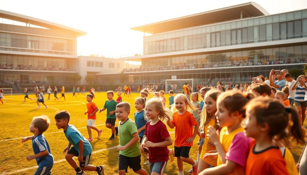 A vibrant field bustling with young athletes engaged in various sports, from soccer and basketball to tennis and volleyball. The foreground features a group of children in colorful uniforms, their faces full of determination as they compete. In the middle ground, proud parents and coaches cheer them on from the sidelines, capturing the moment with their phones. The background showcases a modern, well-equipped sports complex with sleek architecture and state-of-the-art facilities. Warm, golden sunlight filters through the scene, creating a sense of energy and optimism. The overall atmosphere conveys the joy, camaraderie, and sense of community inherent in youth sports.