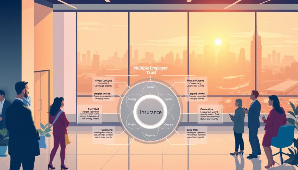 A vibrant illustration depicting the intricate workings of Multiple Employer Trust Insurance. In the foreground, a group of diverse business owners collaborate, discussing coverage options against a backdrop of sleek office interiors bathed in warm, natural lighting. The middle ground showcases a detailed schematic of the insurance plan, its interlocking components represented by elegant, abstract shapes. In the distance, a cityscape hints at the broader economic landscape, suggesting the far-reaching benefits of this tailored insurance solution. The overall scene conveys a sense of professionalism, collaboration, and the empowerment of small-to-medium enterprises through the innovative Multiple Employer Trust model.