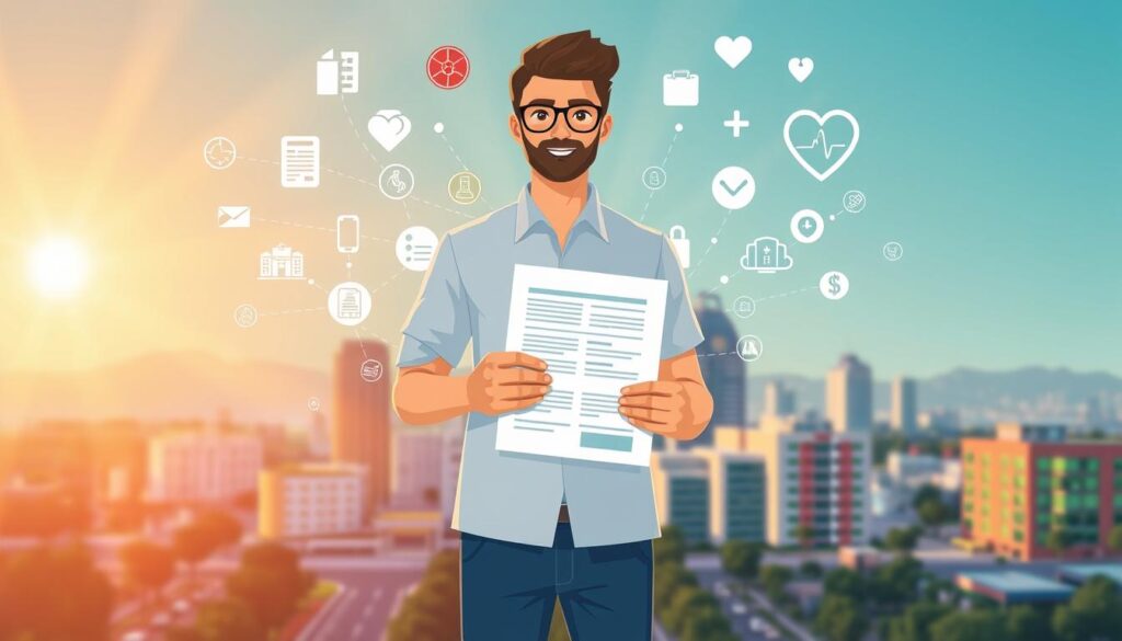 A vibrant illustration of health insurance coverage, capturing the essence of security and protection. In the foreground, a person stands confidently, holding a document symbolizing their policy. Surrounding them, a network of icons and graphics representing various medical services and benefits, conveying the comprehensive nature of the coverage. In the middle ground, a cityscape with modern hospitals and healthcare facilities, suggesting the accessibility of quality care. The background is bathed in a warm, reassuring glow, with subtle rays of light emanating from the central figure, evoking a sense of well-being and peace of mind. The overall composition reflects the theme of "My Experience with Health Guard Insurance" - a visual representation of the confidence, security, and accessibility that comes with comprehensive health coverage.