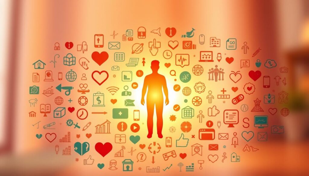 A vibrant mosaic of health benefits icons, meticulously crafted against a soft, blurred background. A central focal point showcases a stylized human silhouette, surrounded by an array of symbols representing medical services, wellness programs, and insurance coverage. The composition is illuminated by warm, directional lighting, creating depth and emphasizing the importance of each element. The overall atmosphere conveys a sense of security, care, and the comprehensive nature of a tailored health insurance solution for small businesses.