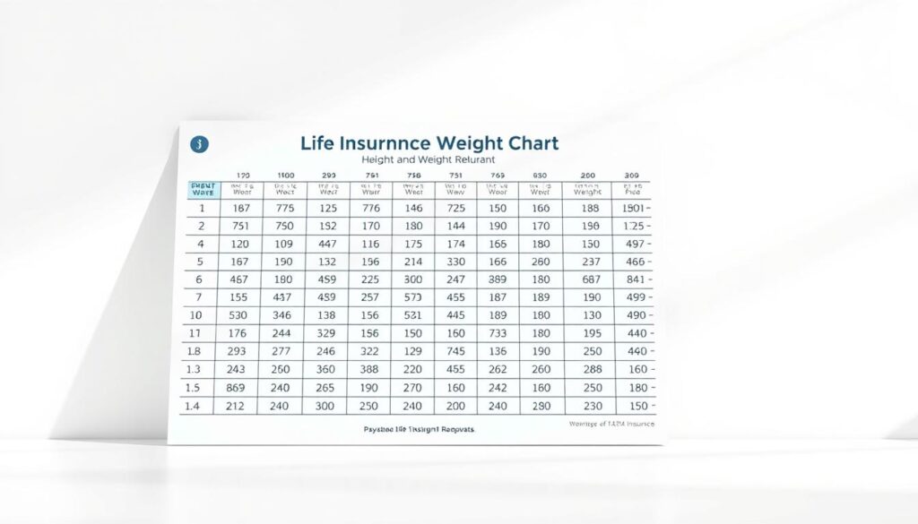 A vibrant, photorealistic illustration of a life insurance height and weight chart, presented against a soft, minimalist background. The chart is the focal point, displayed on a clean, white surface with gentle shadows and highlights accentuating its detailed grid-like structure. The typography is clear and legible, conveying the necessary information in a professional, yet approachable manner. The overall composition strikes a balance between the informative nature of the chart and a visually pleasing, design-centric aesthetic, creating a captivating and informative image to complement the article's content.
