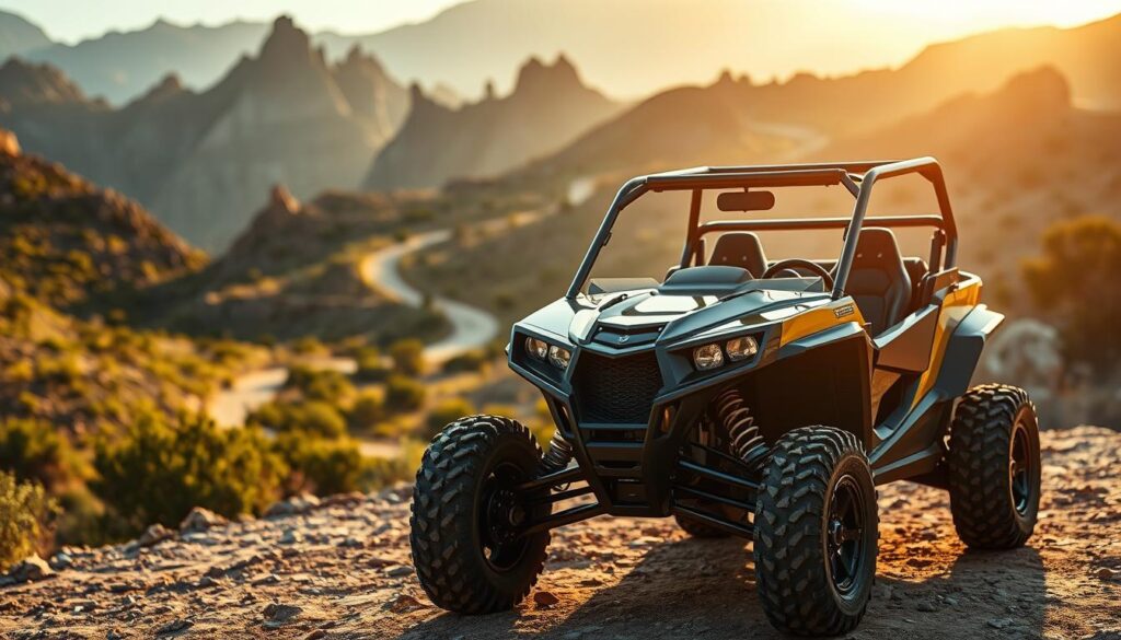 A well-crafted, high-quality image of a modern rail buggy against a backdrop of rugged terrain, showcasing the benefits of comprehensive insurance coverage. In the foreground, the gleaming, sturdy rail buggy is prominently featured, capturing its adventurous spirit and off-road capabilities. The middle ground reveals a dramatic landscape of rocky outcrops, lush vegetation, and a winding trail, hinting at the thrilling outdoor experiences the vehicle is designed for. The background is bathed in warm, golden sunlight, creating a sense of adventure and exploration. The overall composition emphasizes the importance of protecting one's investment and the peace of mind that comes with having the right insurance coverage for this type of outdoor recreational vehicle.