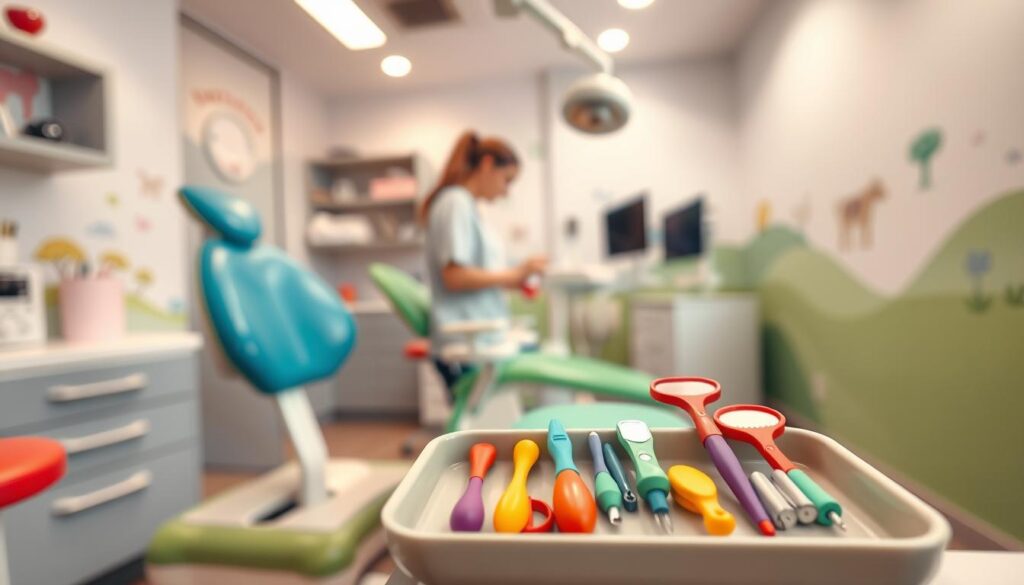 A well-lit, close-up photograph of a pediatric dentist's office, showcasing the typical tools and equipment used in pediatric dental procedures. The foreground should feature a child-friendly, brightly colored dental chair, with a selection of colorful, whimsical dental tools and instruments neatly arranged on a tray nearby. The middle ground should depict the dental assistant or hygienist preparing the treatment area, while the background should display the clean, modern, and inviting atmosphere of the pediatric dental clinic, with soothing wall murals or artwork designed to put young patients at ease. The lighting should be warm and natural, highlighting the attention to detail and care taken in creating a comfortable environment for pediatric patients.