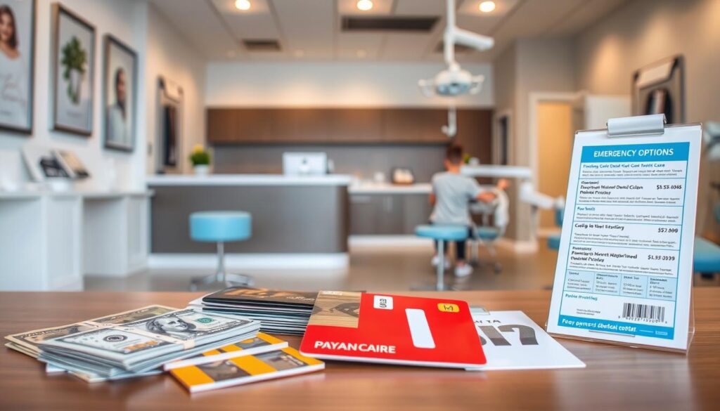 A well-lit, detailed set of payment options for emergency dental care without insurance, shot from a slightly elevated perspective. In the foreground, a variety of payment methods are displayed, such as cash, credit cards, payment plans, and financing options. The middle ground showcases a dental office reception area, with a receptionist desk and patient chairs. The background features a modern, clean dental clinic interior with medical equipment and dental chairs. The overall mood is professional, informative, and designed to convey the important financial considerations for emergency dental treatment.