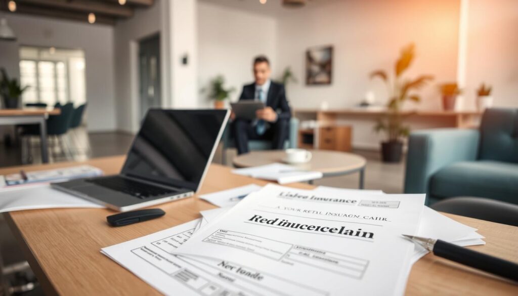 A well-lit, modern office interior with a clean, minimalist design. In the foreground, a desk with a laptop, a pen, and various documents neatly arranged. On the desk, a stack of forms labeled "Car Rental Insurance Claim" with a pen placed on top, suggesting the process of filling out the paperwork. In the middle ground, a person, likely an insurance agent or customer service representative, sitting at the desk and reviewing the claim documents. The background features simple, modern furniture and decor, creating a professional and organized atmosphere. The lighting is bright and natural, casting a warm glow on the scene.