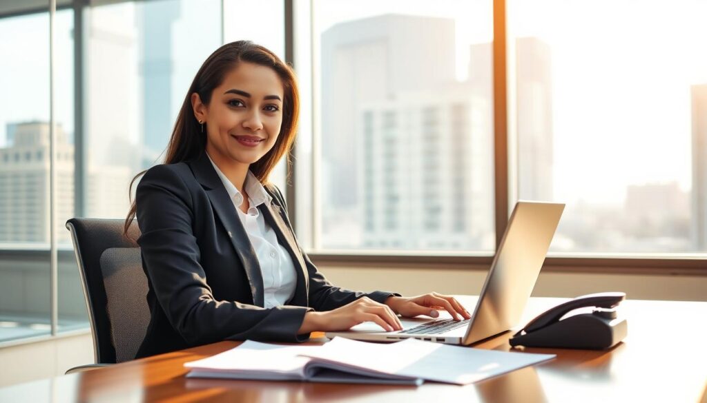 A well-lit office scene, with a professional-looking woman in a suit sitting at a desk, working on a laptop. Behind her, a large window overlooking a cityscape. On the desk, a stack of papers and a phone, suggesting an active insurance claims resolution process. The lighting is warm and inviting, creating a sense of productivity and efficiency. The woman's expression is focused yet reassuring, conveying a sense of competence and care. The overall atmosphere is one of a modern, well-run insurance office dedicated to providing top-notch service to its clients.