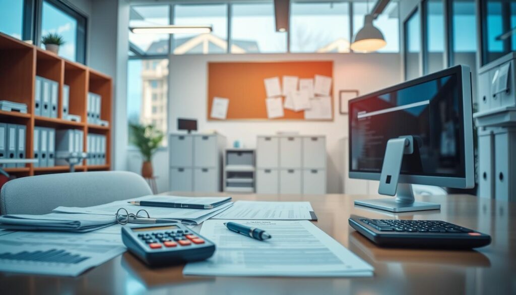A well-lit office setting with a focus on insurance-related documents, paperwork, and digital displays. In the foreground, a desk with a computer, pens, and a calculator, conveying a professional, organized atmosphere. The middle ground features file cabinets, bookshelves, and a bulletin board with insurance policy information. The background showcases large windows, providing a sense of natural lighting and a calming, contemporary ambiance. The overall scene radiates a sense of expertise, reliability, and attention to detail in the insurance services industry.