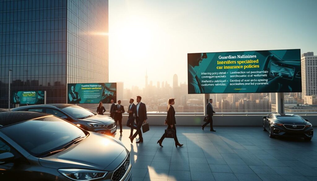 An imposing corporate high-rise, its sleek glass facade reflecting the bright midday sun. In the foreground, a fleet of meticulously detailed Guardian Insurance cars, their logos gleaming proudly. Employees in crisp business attire stride purposefully, carrying briefcases and chatting animatedly. A sense of professionalism and reliability pervades the scene. The middle ground features a showcase of Guardian's specialized car insurance policies, displayed on large digital screens. Intricate policy details, coverage options, and customer testimonials are presented in a visually striking manner. The background reveals a bustling city skyline, underscoring Guardian's widespread presence and commitment to serving its customers nationwide.