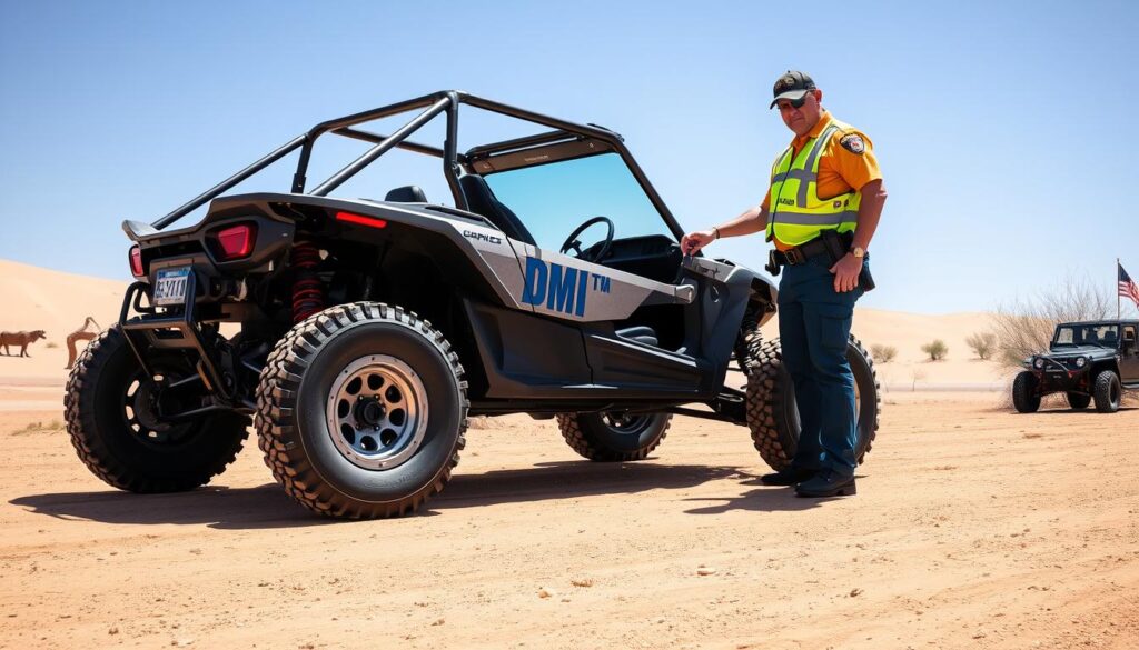 Create an image of a dune buggy being inspected by a DMV officer.