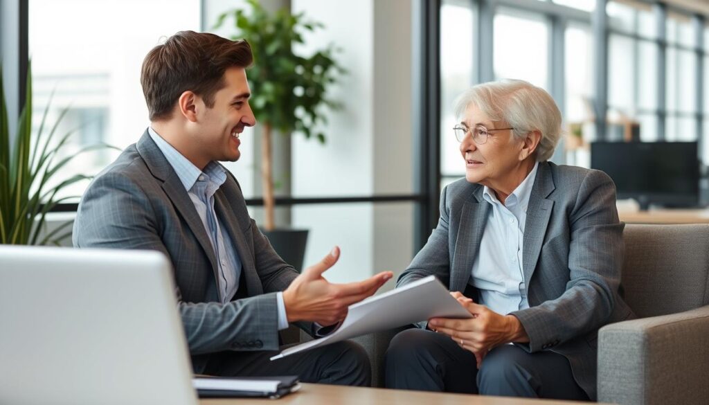 Generate an image of a financial advisor discussing life insurance and retirement plans with a client.