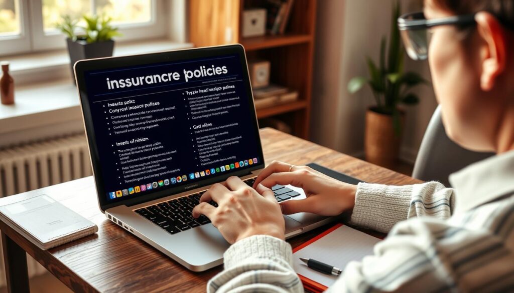Generate an image of a person comparing different insurance policies on a laptop.