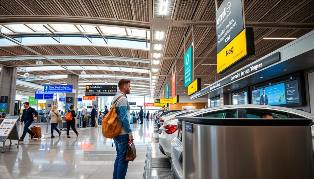 Generate an image of a person renting a car at an international airport
