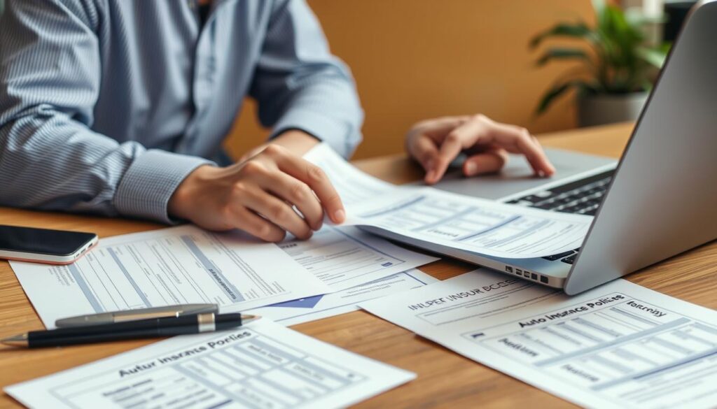 Generate an image of a person reviewing auto insurance policies at a desk with a laptop and insurance documents.