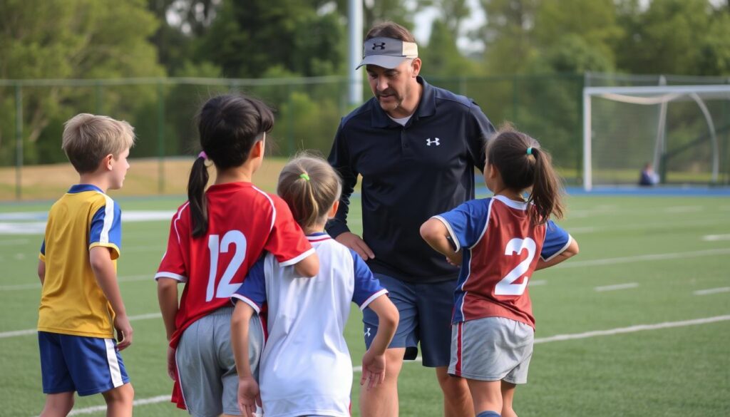 Generate an image of a youth sports team with a coach and players in action, highlighting the importance of insurance coverage for teams.