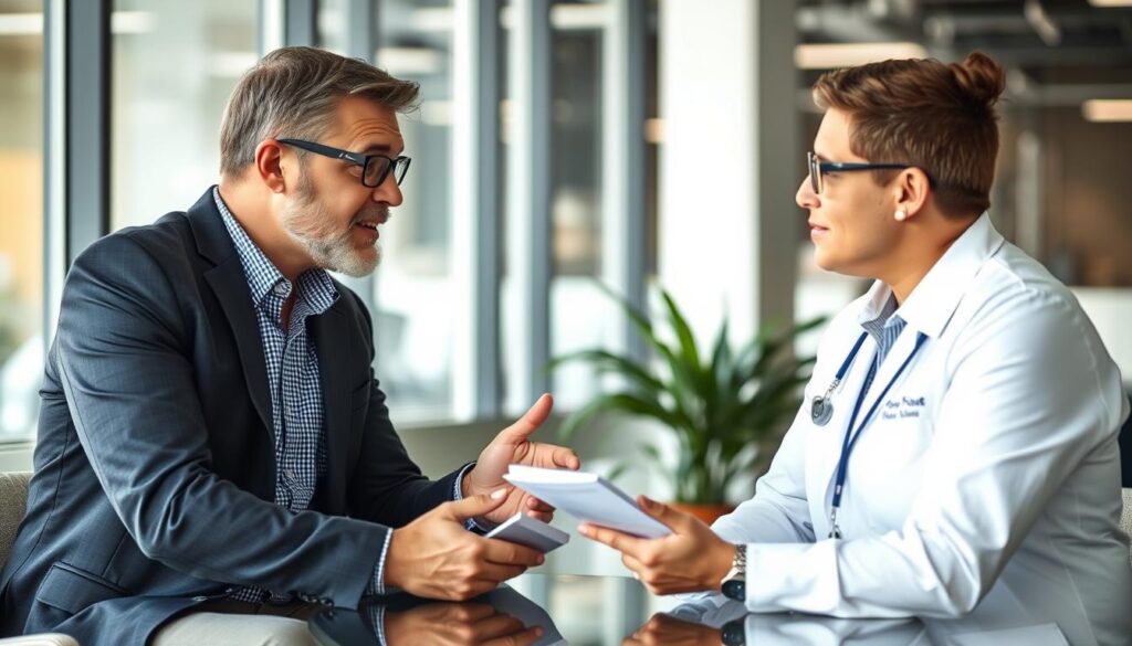 Image of a business owner discussing insurance with a specialist