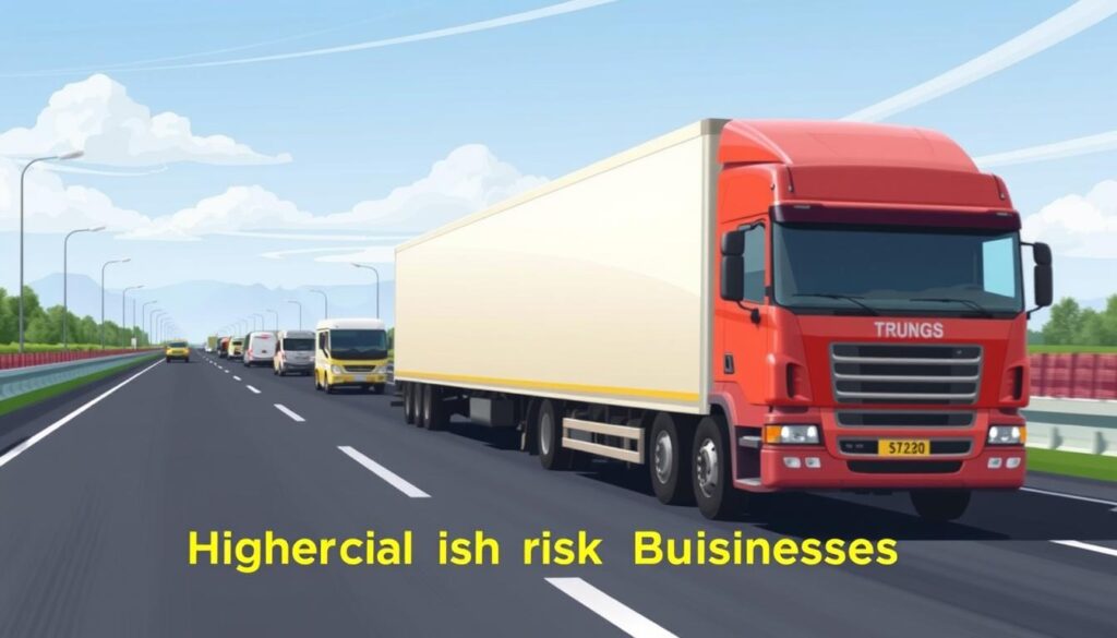 Image of a commercial vehicle on the road with a caption "Commercial Auto Insurance for High-Risk Businesses"
