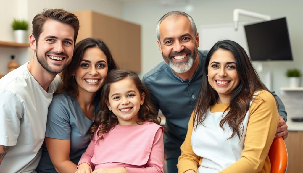 Image of a family smiling with a dentist