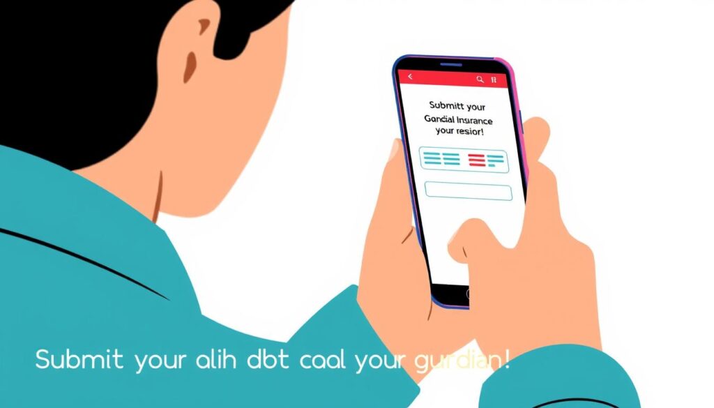 Image of a person filing a claim on their mobile device with a caption: "File a claim with Guardian Insurance today."