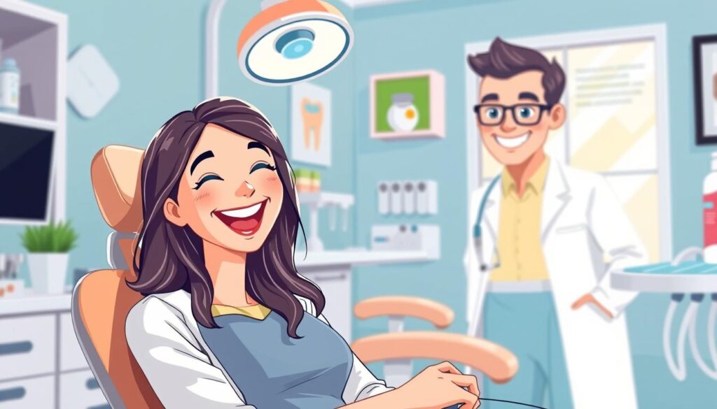 Image of a person smiling with a dentist, representing the Essential Dental Plan.