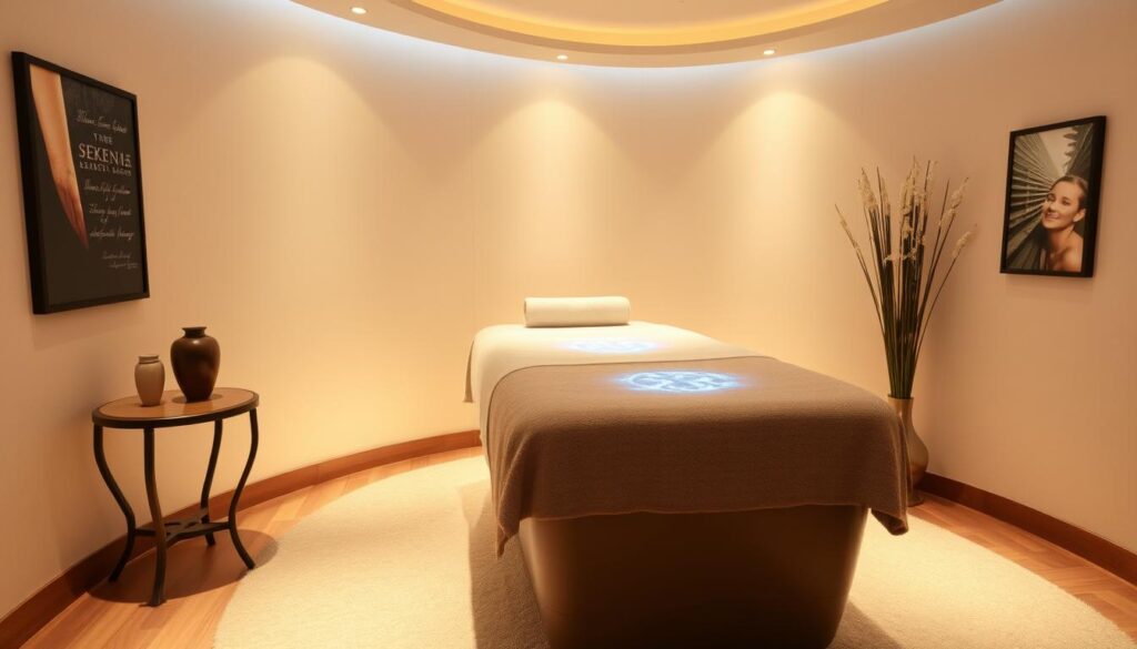 Image of a serene massage therapy room with a hydro-massage bed