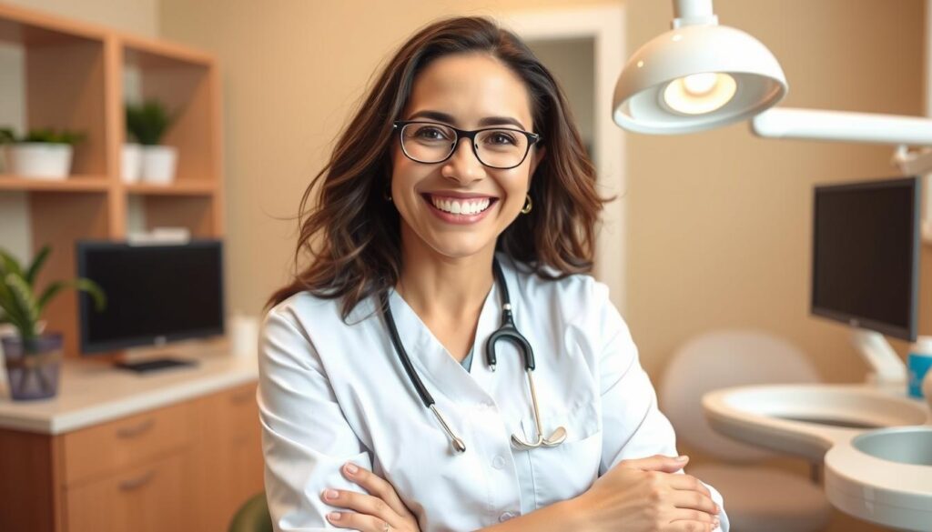 Image of a welcoming dental office with a gentle dentist greeting a new patient.