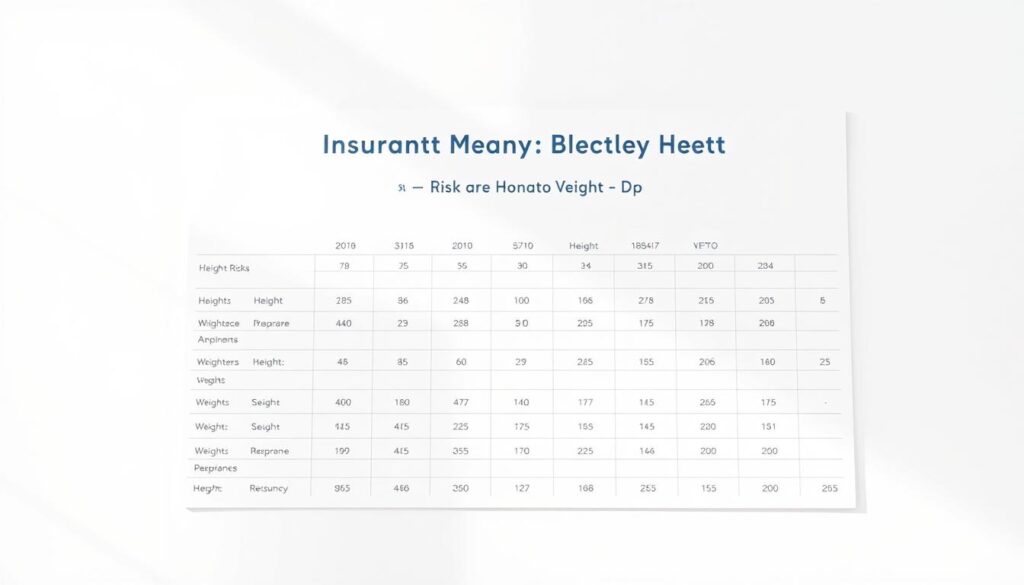 a clean, minimalist life insurance height and weight chart on a simple white background, with a soft, natural lighting from the top left to create a bright, airy atmosphere. The chart should have a modern, elegant design with clear, legible typography, utilizing a neutral color palette of grays and blues to convey a sense of professionalism and trustworthiness. The chart should display a range of heights and weights, with clear delineations between the different insurance risk categories, presented in a way that is easy to understand and visually appealing. The overall composition should be balanced and visually striking, capturing the essence of the "Insurance Options for Non-Standard Body Types" section in a clean, informative manner.