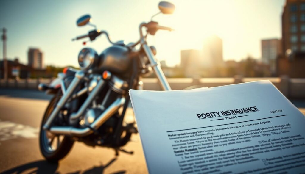a detailed realistic photograph of motorcycle insurance coverage, shot in a bright natural lighting environment with a wide angle lens. In the foreground, the focus is on a motorcycle insurance policy document, with the coverage details clearly visible. In the middle ground, a motorcycle is parked, its shiny chrome and sleek design reflecting the light. In the background, there is a blurred cityscape, suggesting the urban setting. The overall mood is one of security and protection, with the insurance policy representing the additional safeguards in place for the Kansas rider.