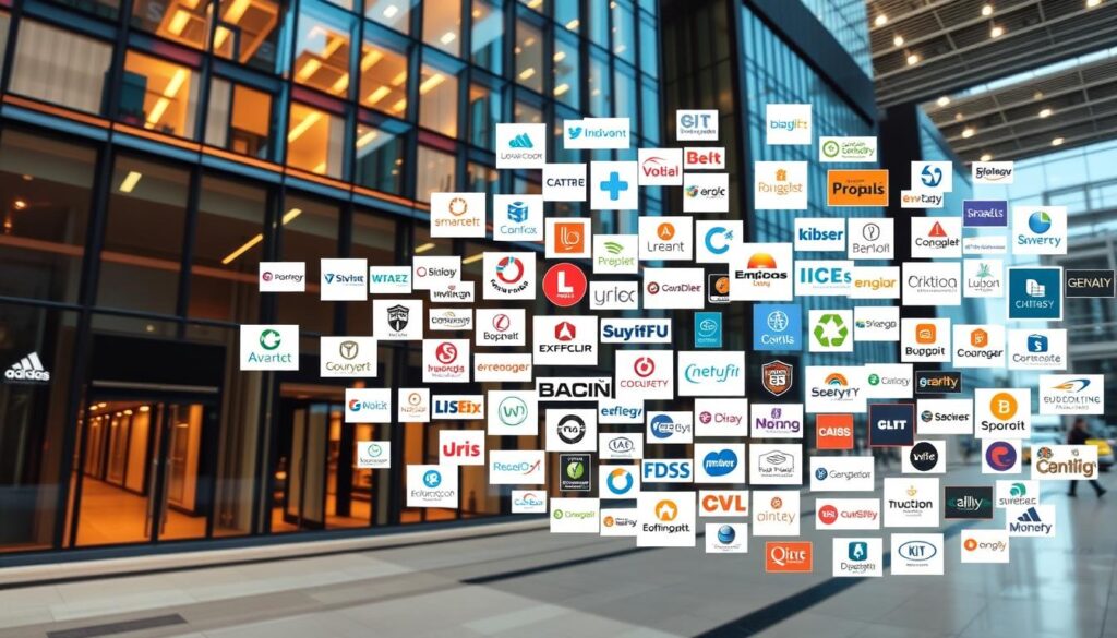 a wide-angle photograph of a bustling insurance carrier network, depicting a diverse array of logos and branding elements arranged in a dynamic, overlapping composition. the scene is set against a backdrop of sleek, modern office buildings with reflective glass facades, conveying a sense of professionalism and industry expertise. the lighting is soft and diffused, creating a warm, inviting atmosphere. the overall impression is one of a robust, well-connected insurance ecosystem, highlighting the breadth and quality of the partnerships and coverage options available to customers.